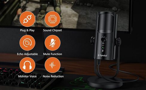 ميكروفون Spedal USB للكمبيوتر الشخصي Mac PS4 وPS5، 4 أنماط التقاط احترافية، ميكروفون كمبيوتر لتسجيل البث الصوتي، حامل مضاد للاهتزاز، مخرج سماعة الرأس والتحكم في مستوى الصوت، أسود in Kuwait