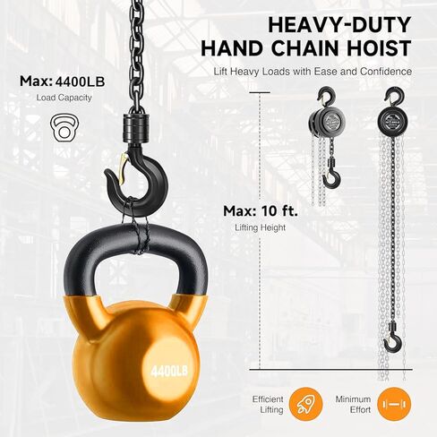 رافعة سلسلة يدوية سعة 2 طن 4400 رطل سعة 10 أقدام مع خطافين للخدمة الشاقة، سقوط سلسلة يدوية لبناء المستودعات وآلات السيارات باللون الأسود (أسود، 2T) in Kuwait