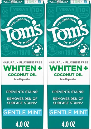 Tom's of Maine Whiten Plus Coconut Oil Fluoride Free Toothpaste, Natural Whitening Toothpaste with Coconut Oil and Plant-Based Cleansers, Whitens Without Causing Sensitivity, Gentle Mint, 4.0 Oz in Kuwait