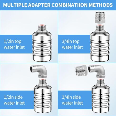 2Pcs Water Float Valve, 1/2" to 3/4" Aquapulse Automatic Water System 304 Stainless Steel, Auto Shut off Water Tank Float Valve for Water Tower, Livestock Troughs, Pool in Kuwait