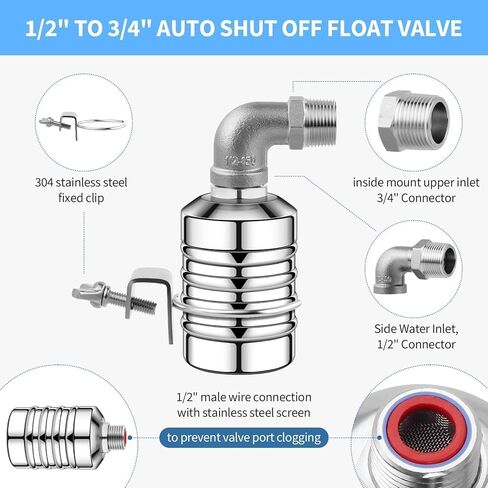 2Pcs Water Float Valve, 1/2" to 3/4" Aquapulse Automatic Water System 304 Stainless Steel, Auto Shut off Water Tank Float Valve for Water Tower, Livestock Troughs, Pool in Kuwait