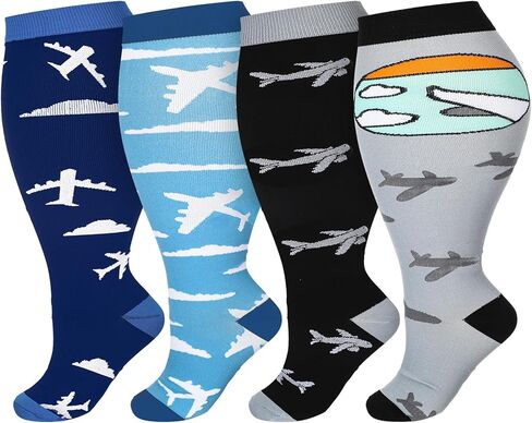 4 أزواج من الجوارب المضغوطة للسفر مقاس كبير للنساء والرجال مقاس 3xl واسعة الساق على شكل طائرة، جوارب ضغط عالية للركبة 20-30 مم زئبق للسفر والممرضات أثناء الحمل in Saudi Arabia