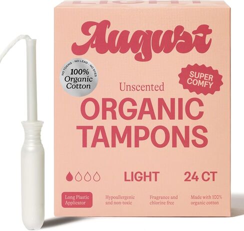 August Light Tampons - 24-Pack 100% Organic Cotton Tampons for Women and Anyone Who Menstruates, Non-Toxic, Fragrance-Free, and Hypoallergenic with Long Applicators in Kuwait