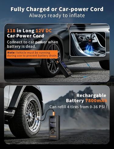 Tire Inflator Portable Air Compressor, Air Pump for Car Tires, 7800 mAh Battery, 12V DC, 150 PSI, 40L/min Air Flow, Fast Inflation, Portable air pump for MPV, SUV, Car, Motorcycle, Bike, Ball in Saudi Arabia