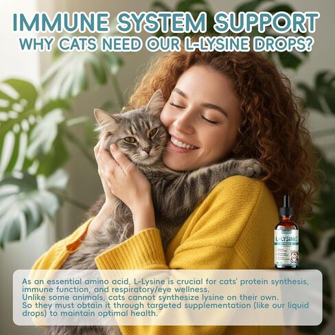 Lysine for Cats - L-Lysine Liquid Drops for Cat & Kittens, 60ML Lysine Supplement for Immune Support, Reduces Sneezing/Runny Nose, Supports Respiratory, Eye & Nasal Health, Easy-to-Feed, 2 Fl Oz in Kuwait