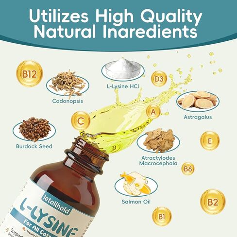 Lysine for Cats - L-Lysine Liquid Drops for Cat & Kittens, 60ML Lysine Supplement for Immune Support, Reduces Sneezing/Runny Nose, Supports Respiratory, Eye & Nasal Health, Easy-to-Feed, 2 Fl Oz in Kuwait