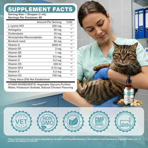 Lysine for Cats - L-Lysine Liquid Drops for Cat & Kittens, 60ML Lysine Supplement for Immune Support, Reduces Sneezing/Runny Nose, Supports Respiratory, Eye & Nasal Health, Easy-to-Feed, 2 Fl Oz in Kuwait