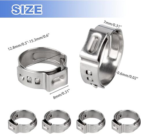 55Pcs 12.8-15.3mm 304 Stainless Steel Single Ear Hose Clamps Ear Stepless Hose Clamp Pinch Clamps Perfect for Automotive, Home Appliance Line and Plumbing in Kuwait