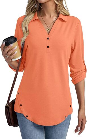 Women's 3/4 Length Rolled Sleeve Tunic Tops Collared V Neck T Shirts Both Side Buttons Blouses in Kuwait
