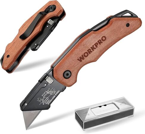 WORKPRO Folding Utility Knife with Stainless Steel Head, Quick-change Blade & Back Lock, Wood Handle Heavy Duty Box Cutter, 1PC Razor Knife with Extra 10PC SK5 Blades in Kuwait