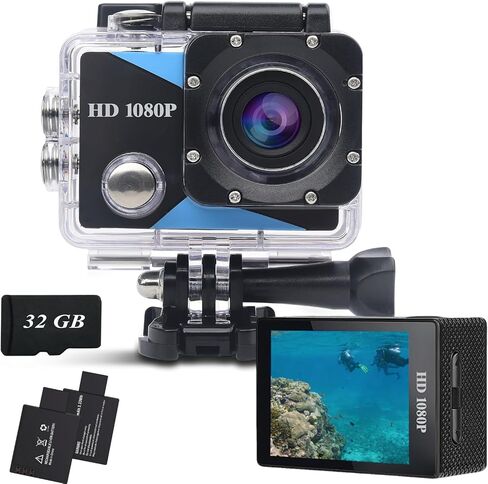 كاميرا أكشن بزاوية واسعة 1080 بيكسل رياضية وبطاقة ذاكرة 32 جيجابايت وكاميرا أكشن بطول 131 قدم مقاومة للماء تحت الماء مع بطاريتين × مع مجموعة ملحقات مناسبة للخوذة والدراجة وما إلى ذلك. in Kuwait
