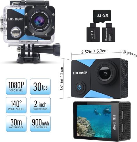 كاميرا أكشن بزاوية واسعة 1080 بيكسل رياضية وبطاقة ذاكرة 32 جيجابايت وكاميرا أكشن بطول 131 قدم مقاومة للماء تحت الماء مع بطاريتين × مع مجموعة ملحقات مناسبة للخوذة والدراجة وما إلى ذلك. in Kuwait