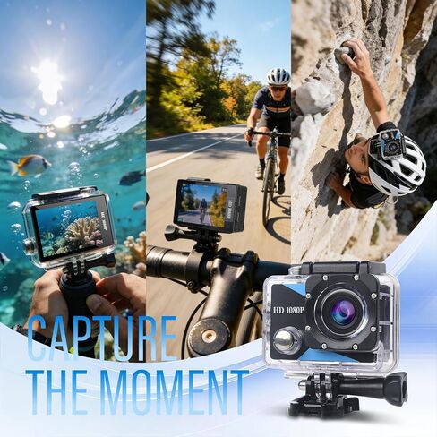كاميرا أكشن بزاوية واسعة 1080 بيكسل رياضية وبطاقة ذاكرة 32 جيجابايت وكاميرا أكشن بطول 131 قدم مقاومة للماء تحت الماء مع بطاريتين × مع مجموعة ملحقات مناسبة للخوذة والدراجة وما إلى ذلك. in Kuwait