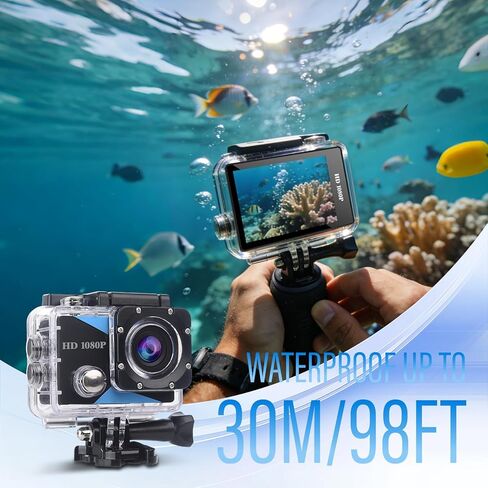 كاميرا أكشن بزاوية واسعة 1080 بيكسل رياضية وبطاقة ذاكرة 32 جيجابايت وكاميرا أكشن بطول 131 قدم مقاومة للماء تحت الماء مع بطاريتين × مع مجموعة ملحقات مناسبة للخوذة والدراجة وما إلى ذلك. in Kuwait