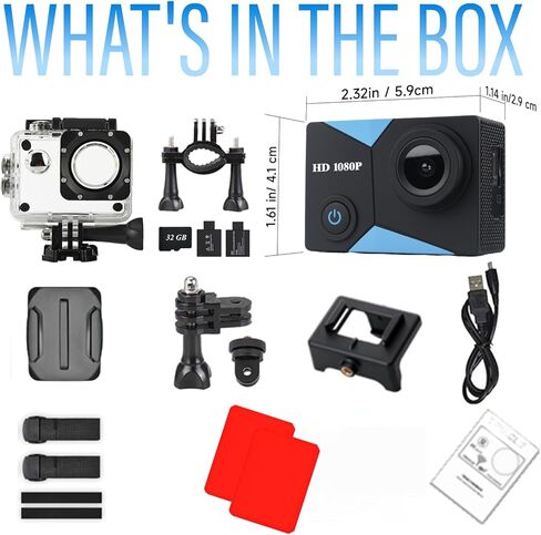 كاميرا أكشن بزاوية واسعة 1080 بيكسل رياضية وبطاقة ذاكرة 32 جيجابايت وكاميرا أكشن بطول 131 قدم مقاومة للماء تحت الماء مع بطاريتين × مع مجموعة ملحقات مناسبة للخوذة والدراجة وما إلى ذلك. in Kuwait