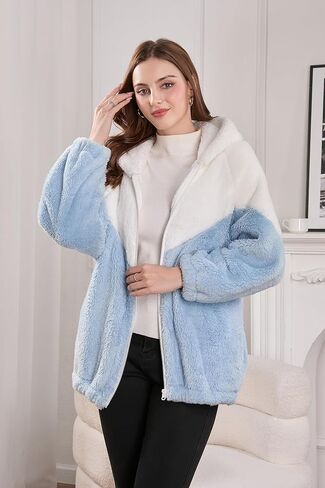 YMSHOPE Autumn/Winter Fleece-Lined Warm Jacket Unisex Patchwork Zipper Hoodie Soft Faux Fleece Casual Oversized Winter Wear (US, Alpha, Large, X-Large, Regular, Regular, Blue) in Kuwait