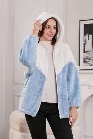 YMSHOPE Autumn/Winter Fleece-Lined Warm Jacket Unisex Patchwork Zipper Hoodie Soft Faux Fleece Casual Oversized Winter Wear (US, Alpha, Large, X-Large, Regular, Regular, Blue) in Kuwait