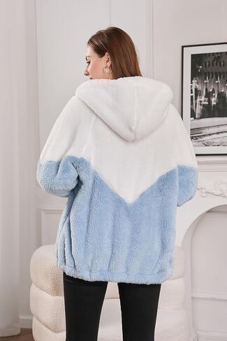 YMSHOPE Autumn/Winter Fleece-Lined Warm Jacket Unisex Patchwork Zipper Hoodie Soft Faux Fleece Casual Oversized Winter Wear (US, Alpha, Large, X-Large, Regular, Regular, Blue) in Kuwait