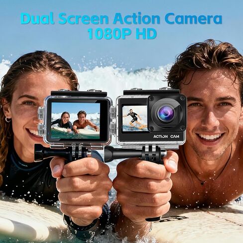 كاميرا أكشن فل اتش دي 1080 بيكسل 16 ميجابكسل مع بطاقة ذاكرة 32 جيجابايت - كاميرا رياضية مزدوجة الشاشة مقاومة للماء بطول 131 قدم/40 متر، بطاريات 2X ومجموعة ملحقات متعددة الوظائف للخوذة والدراجة in Kuwait