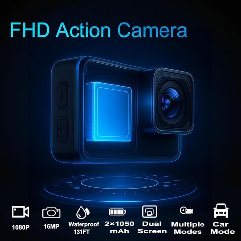كاميرا أكشن فل اتش دي 1080 بيكسل 16 ميجابكسل مع بطاقة ذاكرة 32 جيجابايت - كاميرا رياضية مزدوجة الشاشة مقاومة للماء بطول 131 قدم/40 متر، بطاريات 2X ومجموعة ملحقات متعددة الوظائف للخوذة والدراجة in Kuwait