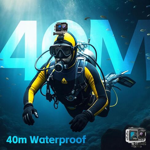 كاميرا أكشن فل اتش دي 1080 بيكسل 16 ميجابكسل مع بطاقة ذاكرة 32 جيجابايت - كاميرا رياضية مزدوجة الشاشة مقاومة للماء بطول 131 قدم/40 متر، بطاريات 2X ومجموعة ملحقات متعددة الوظائف للخوذة والدراجة in Kuwait