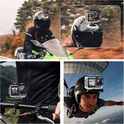 كاميرا أكشن فل اتش دي 1080 بيكسل 16 ميجابكسل مع بطاقة ذاكرة 32 جيجابايت - كاميرا رياضية مزدوجة الشاشة مقاومة للماء بطول 131 قدم/40 متر، بطاريات 2X ومجموعة ملحقات متعددة الوظائف للخوذة والدراجة in Kuwait