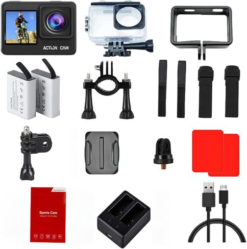 كاميرا أكشن فل اتش دي 1080 بيكسل 16 ميجابكسل مع بطاقة ذاكرة 32 جيجابايت - كاميرا رياضية مزدوجة الشاشة مقاومة للماء بطول 131 قدم/40 متر، بطاريات 2X ومجموعة ملحقات متعددة الوظائف للخوذة والدراجة in Kuwait