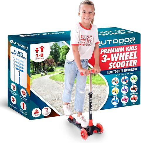 Outdoor Cruiser 3-Wheel Kids Scooter – with Lean-to-Steer Technology, Led Lighted Wheel, 4-Level Adjustable Height T-bar Handle, Support Kids Up to 150 Lbs, for Boys & Girls Ages 3-8, Blue and Red in Kuwait