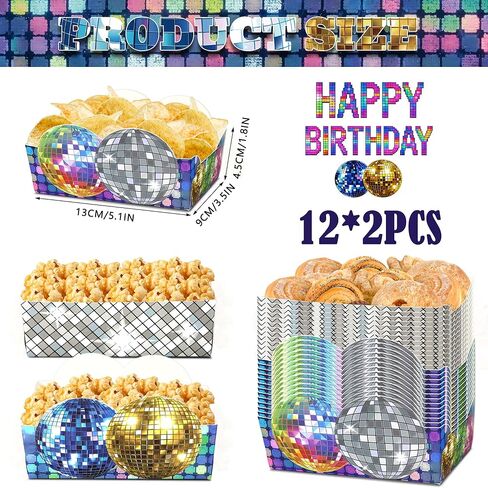 24 قطعة من أطباق ديسكو للوجبات الخفيفة، كرة ديسكو، صواني طعام ورقية للاستعمال مرة واحدة، مثالية لمستلزمات حفلات أعياد الميلاد في السبعينيات والثمانينيات والتسعينيات in Kuwait
