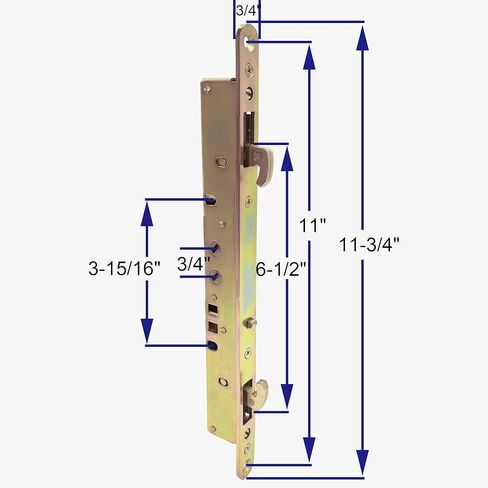 2 Point Sliding Patio Glass Door Mortise Lock with 11-3/4" Faceplate, Dual Point Hooks with Anti-Slam Pin, 45° Keyway, A/B Position, 3-15/16" Handle H.C. (Sold Separately), Non-Handed in Saudi Arabia