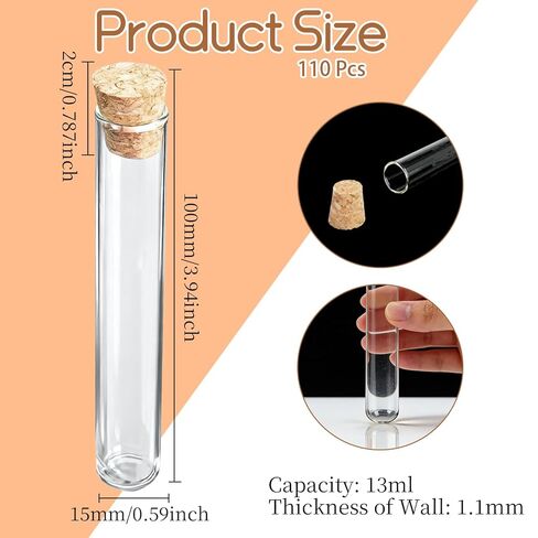 110 Pcs Glass Test Tubes with Cork Stoppers Lab Test Alcohol Tampons Glass Tubes Clear Round Bottom Vials Container for Candy Storage Party Favors Scientific Experiments(15x100mm/13ml) in Kuwait