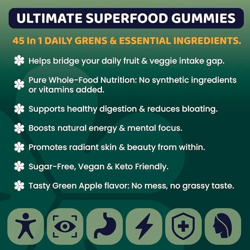 Super Greens Gummies for Adults – 7-in-1 Whole Food Supplement, Spirulina, Lion’s Mane, Probiotics, Fiber & Digestive Enzymes Vegan, Sugar-Free, Digestive & Immune Support, 120 Gummies in Saudi Arabia