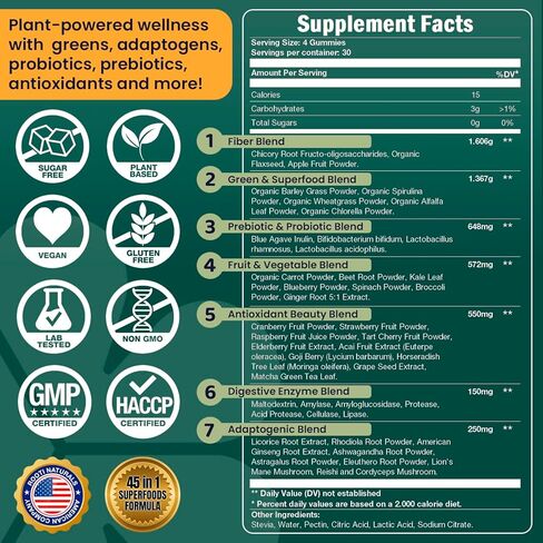 Super Greens Gummies for Adults – 7-in-1 Whole Food Supplement, Spirulina, Lion’s Mane, Probiotics, Fiber & Digestive Enzymes Vegan, Sugar-Free, Digestive & Immune Support, 120 Gummies in Saudi Arabia