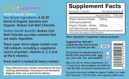 Perfect Supplements – Perfect Aquatic Greens – 120 Vegetable Capsules – Organic Spirulina and Chlorella Supplement – Nutritious Superfood in Kuwait