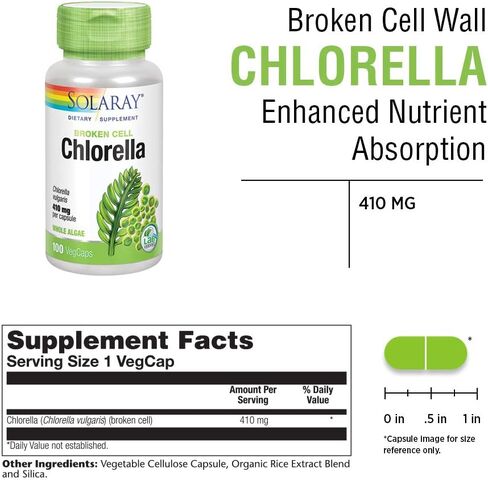 SOLARAY Broken Cell Chlorella 410 mg | Nutrient-Rich Superfood w/Naturally Occurring Protein, Vitamins, Minerals, Chlorophyll | Non-GMO | 100 VegCaps in Saudi Arabia