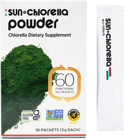 مسحوق Sun Chlorella Green Superfood Algae - الكلوروفيل، عامل نمو الكلوريلا، B12 النشط ومزيج مشروب مكملات الحديد - جدار الخلية المسحوق - غير معدل وراثيًا، نباتي وخالي من الغلوتين - 10 عبوات (3 جم لكل قطعة) 30 جم in Kuwait