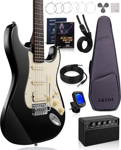 AKLOT Stryde Electric Guitar with Coil-Split: Roasted Maple Neck, Flame Maple Graphic Top, HSS Ceramic Pickups, Beginner Guitar Kit with 10W Amp, Gig Bag, Strap, Picks, Lesson Book, Violet Venom in Kuwait