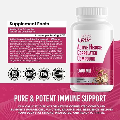 Active Hexose Correlated Compound 1500 mg, Clinically Studied Mushroom Extract for Immune System Support & Cellular Defense | 120 Capsules (40-Day Supply) | Non-GMO, Shiitake, Lion's Mane, Turkey Tail in Kuwait