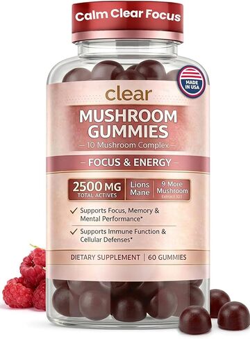 Clear Mushroom Gummies, Lions Mane, Reishi, Cordyceps, Chaga 10:1 Extract (Raspberry Flavor) - 2500mg 10 Mushroom Focus Gummies for Brain Health, Memory, Calm Energy, 3rd Party Tested in Kuwait