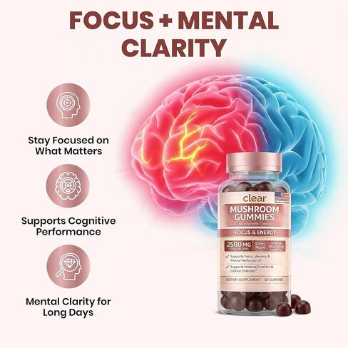 Clear Mushroom Gummies, Lions Mane, Reishi, Cordyceps, Chaga 10:1 Extract (Raspberry Flavor) - 2500mg 10 Mushroom Focus Gummies for Brain Health, Memory, Calm Energy, 3rd Party Tested in Kuwait