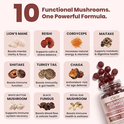 Clear Mushroom Gummies, Lions Mane, Reishi, Cordyceps, Chaga 10:1 Extract (Raspberry Flavor) - 2500mg 10 Mushroom Focus Gummies for Brain Health, Memory, Calm Energy, 3rd Party Tested in Kuwait