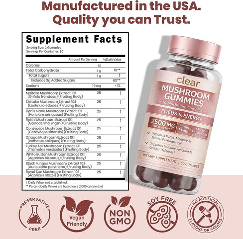 Clear Mushroom Gummies, Lions Mane, Reishi, Cordyceps, Chaga 10:1 Extract (Raspberry Flavor) - 2500mg 10 Mushroom Focus Gummies for Brain Health, Memory, Calm Energy, 3rd Party Tested in Kuwait
