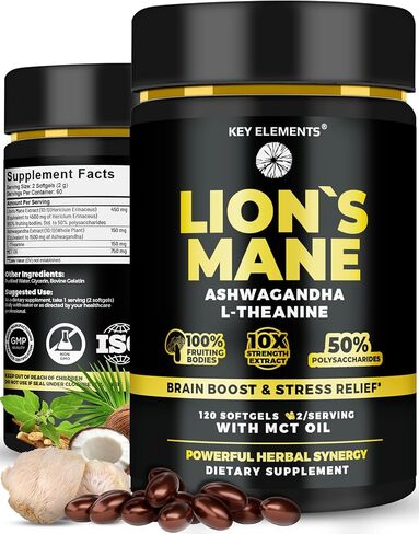 KEY ELEMENTS Organic Lions Mane Supplement Capsules with MCT Oil for Brain Support & Relaxed Focus - Lion's Mane Extract with Ashwagandha and L-Theanine - Lions Mane Mushroom Softgels in Kuwait