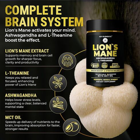 KEY ELEMENTS Organic Lions Mane Supplement Capsules with MCT Oil for Brain Support & Relaxed Focus - Lion's Mane Extract with Ashwagandha and L-Theanine - Lions Mane Mushroom Softgels in Kuwait