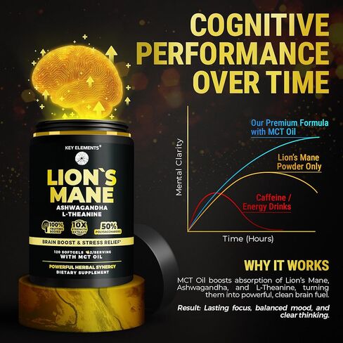KEY ELEMENTS Organic Lions Mane Supplement Capsules with MCT Oil for Brain Support & Relaxed Focus - Lion's Mane Extract with Ashwagandha and L-Theanine - Lions Mane Mushroom Softgels in Kuwait