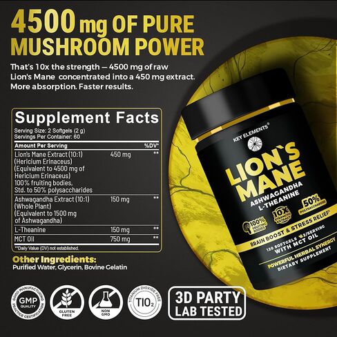 KEY ELEMENTS Organic Lions Mane Supplement Capsules with MCT Oil for Brain Support & Relaxed Focus - Lion's Mane Extract with Ashwagandha and L-Theanine - Lions Mane Mushroom Softgels in Kuwait