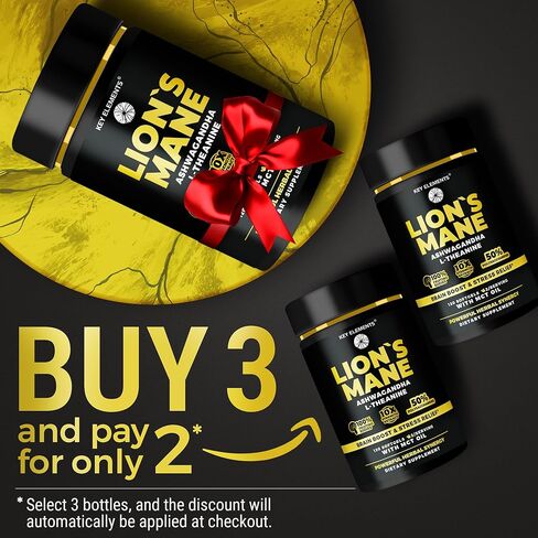 KEY ELEMENTS Organic Lions Mane Supplement Capsules with MCT Oil for Brain Support & Relaxed Focus - Lion's Mane Extract with Ashwagandha and L-Theanine - Lions Mane Mushroom Softgels in Kuwait