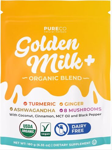 مزيج عضوي من مسحوق الحليب الذهبي - لاتيه الكركم المتكيف مع الزنجبيل وأشواغاندا ومركب الفطر من أجل حيوية الاسترخاء أثناء النوم ودعم المناعة - نباتي غير معدّل وراثيًا وخالي من الحشو (60 حصة) in Kuwait