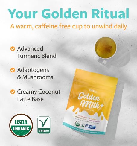 مزيج عضوي من مسحوق الحليب الذهبي - لاتيه الكركم المتكيف مع الزنجبيل وأشواغاندا ومركب الفطر من أجل حيوية الاسترخاء أثناء النوم ودعم المناعة - نباتي غير معدّل وراثيًا وخالي من الحشو (60 حصة) in Kuwait