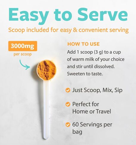 مزيج عضوي من مسحوق الحليب الذهبي - لاتيه الكركم المتكيف مع الزنجبيل وأشواغاندا ومركب الفطر من أجل حيوية الاسترخاء أثناء النوم ودعم المناعة - نباتي غير معدّل وراثيًا وخالي من الحشو (60 حصة) in Kuwait